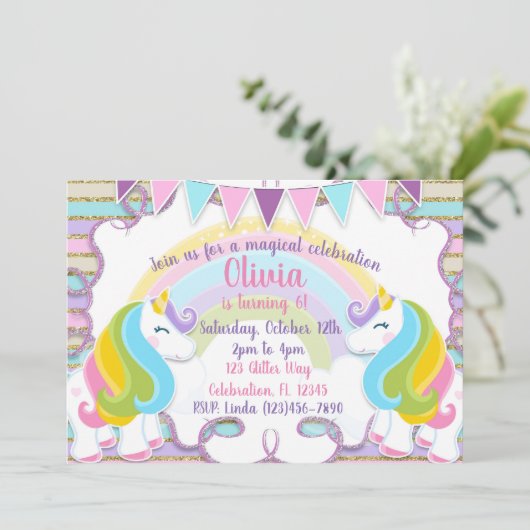 Pastel Glitter Unicorns Girls Birthday Kaart (Staand voorkant)