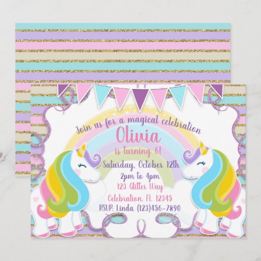 Pastel Glitter Unicorns Girls Birthday Kaart (Voorkant / Achterkant)