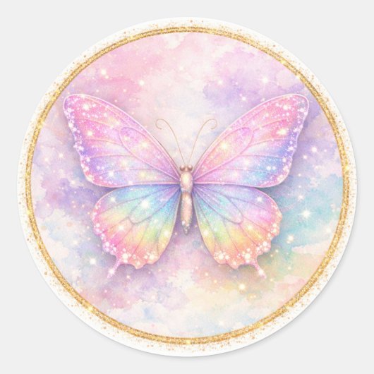 Pastel Glitter Vlinder Cirkel Ronde Sticker (Voorkant)