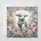 Pastel Glitter Waterverf Lam Bloemen Pasen Feestdagenkaart (Voorkant)