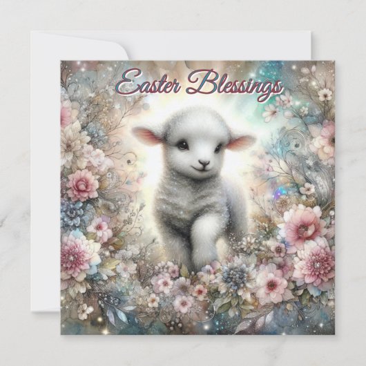 Pastel Glitter Waterverf Lam Bloemen Pasen Feestdagenkaart (Voorkant)