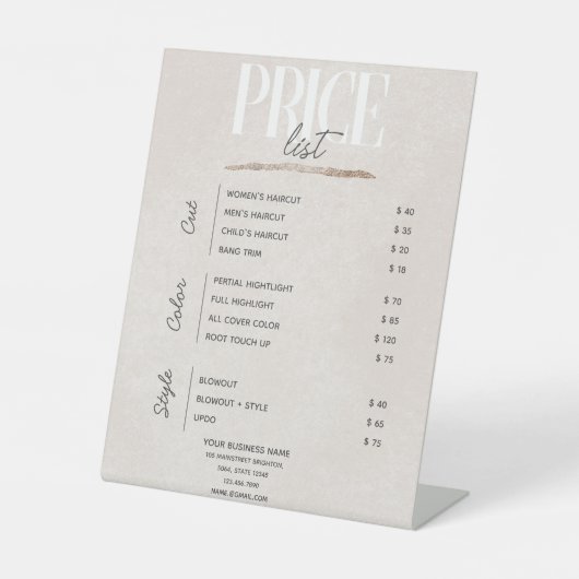 Pastel Gold Beauty Salon-prijslijst Reclamebord Met Voetstuk (Voorkant)