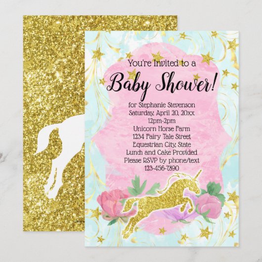 Pastel Gold Eenhoorn Baby shower Invitation Kaart (Voorkant / Achterkant)