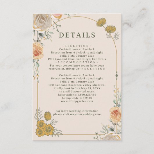 Pastel Gold Floral Wedding Enclosure Card  Informatiekaartje (Voorkant)