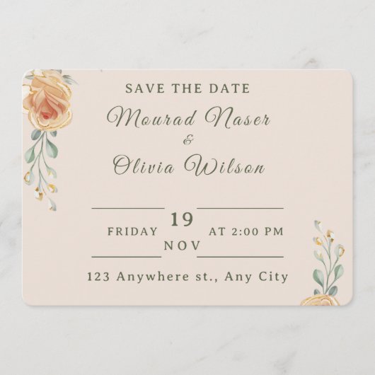 Pastel Gold Floral Wedding Save the Date Card Kaart (Voorkant)