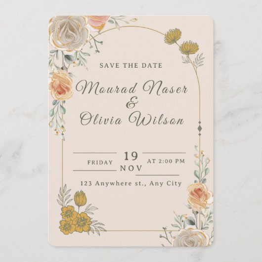 Pastel Gold Floral Wedding Save the Date Card Kaart (Voorkant)