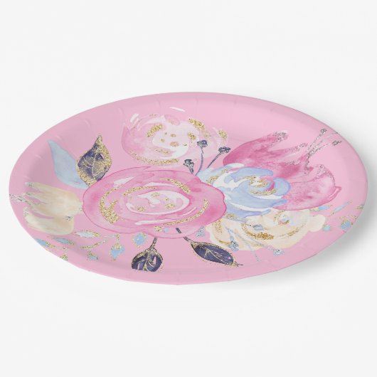 Pastel Gold Glitter Flower Papieren Bordje (Gekanteld)