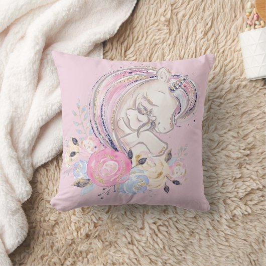 Pastel Gold Glitter Unicorn en Baby met bloemen Kussen (Deken)
