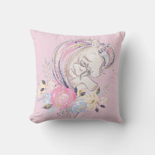 Pastel Gold Glitter Unicorn en Baby met bloemen Kussen