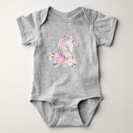 Pastel Gold Glitter Unicorn en Baby met bloemen Romper (Voorkant)