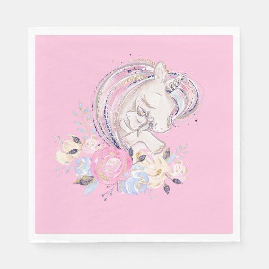 Pastel Gold Glitter Unicorn en Baby met bloemen Servet (Voorkant)