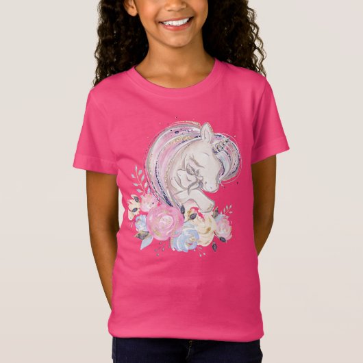Pastel Gold Glitter Unicorn en Baby met bloemen T-shirt (Voorkant)