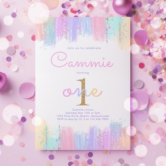 Pastel Gold Regenboog 1e Verjaardagsfeest Uitnodig Kaart