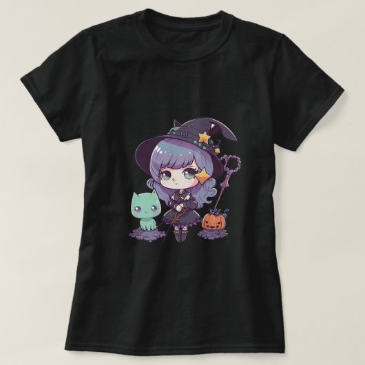 Pastel Goth Heks en Kat Halloween T-shirt (Design voorkant)