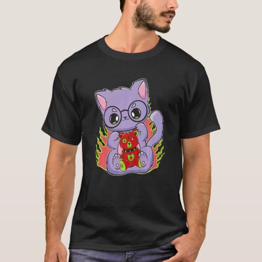 Pastel goth kat met teddybeer voor horrorfans t-shirt (Voorkant)