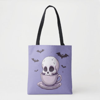 Pastel goth schedel in theekop tote bag