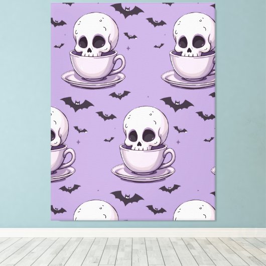 Pastel Goth Skull in Teacup Canvas Afdruk (Insitu (Houten vloer))