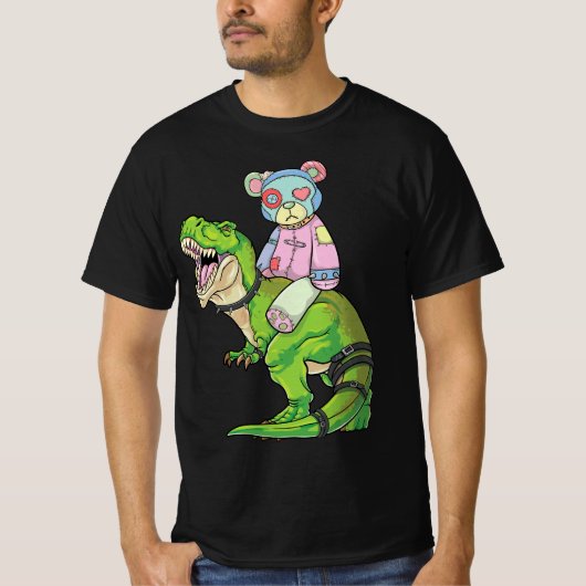 Pastel Goth Teddy Bear Riding Dinosaur T Rex Japan T-shirt (Voorkant)