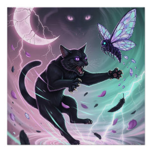 Pastel Goth Woedende Zwarte Kat en Mystieke Mot Perfect Poster