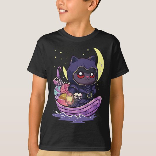 Pastel Gothic Kawaii Anime Ferryman Cat met garen  T-shirt (Voorkant)
