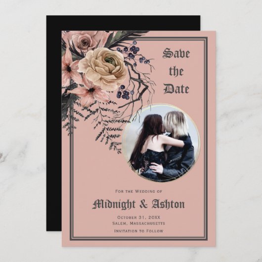 Pastel Gothic Moody Bloemen Foto Save the Date (Voorkant / Achterkant)