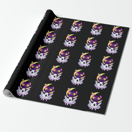 Pastel Gothic Moon Wiccan Animal Cat Skull Cadeaupapier (Uitgerold)