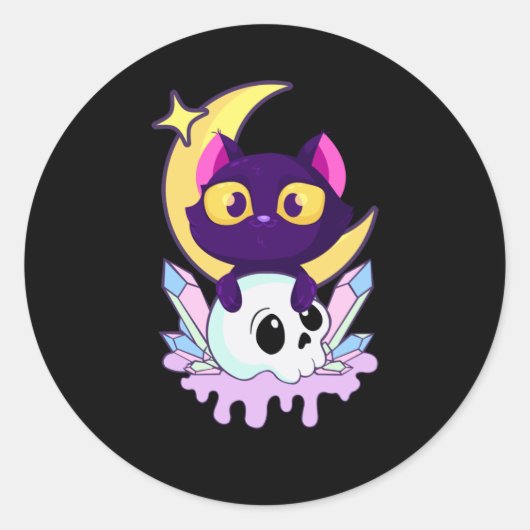 Pastel Gothic Moon Wiccan Animal Cat Skull Ronde Sticker (Voorkant)