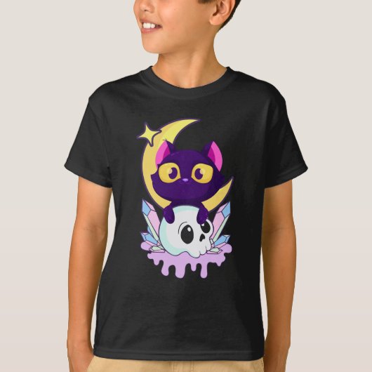 Pastel Gothic Moon Wiccan Animal Cat Skull T-shirt (Voorkant)