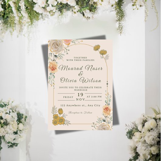 Pastel & Gouden Bloemen Bruiloftsinvatie Kaart