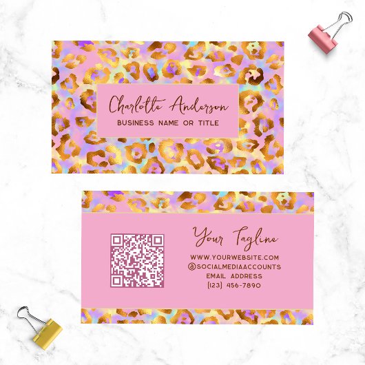 Pastel Gouden Luipaardprint QR-code Visitekaartje
