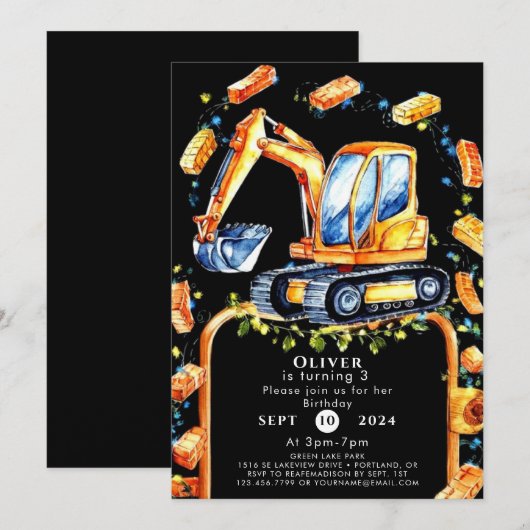 Pastel Graafmachine Bouw Verjaardag Kaart (Voorkant / Achterkant)