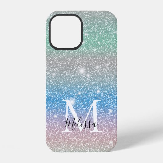 Pastel Gradiënt Glitter Schitterend Monogram Naam iPhone Hoesje (Achterkant)
