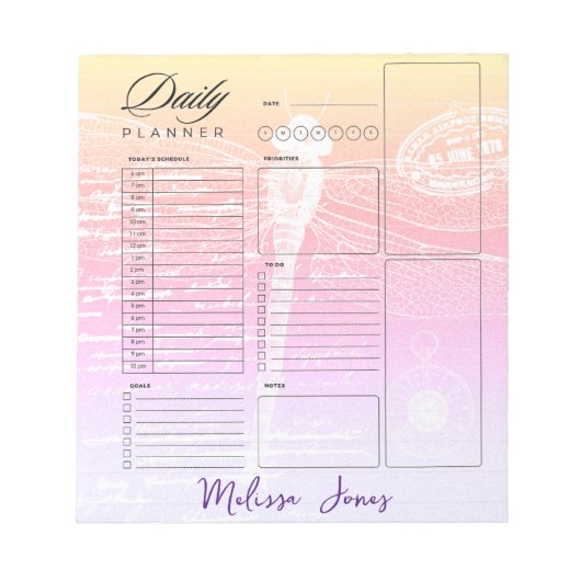 Pastel gradiënt libel gepersonaliseerde planner notitieblok (Voorkant)