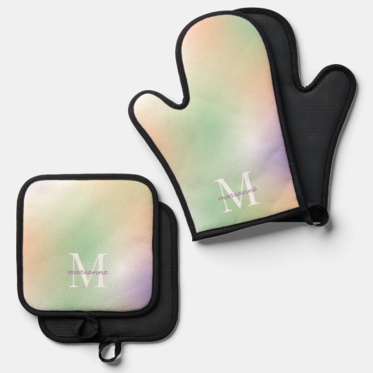 Pastel Gradient Monogram Naam Initiaal Plain Custo Ovenwant & Pannenlap Set (Voorkant / Achterkant)