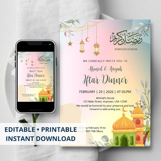 Pastel Gradient Mosque Iftar Dinner Invitation Kaart