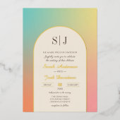 Pastel Gradiënt Retro Gouden Boog Frame Bruiloft Folie Uitnodiging (Voorkant)