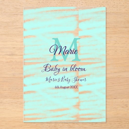 Pastel green baby in bloom monogram baby shower te acryl uitnodigingen (Voorkant)