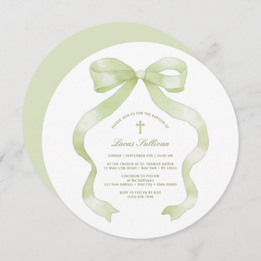 Pastel Green Bow doop Kaart (Voorkant / Achterkant)