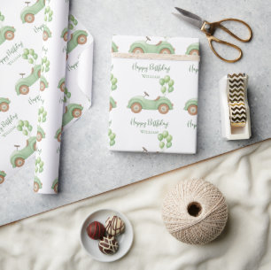Pastel Green Car & Ballon Wrapping Paper Cadeaupapier