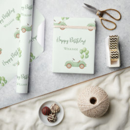 Pastel Green Car & Ballon Wrapping Paper Cadeaupapier