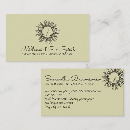 Pastel Green Celestial Sun Face Visitekaartje (Voorkant / Achterkant)