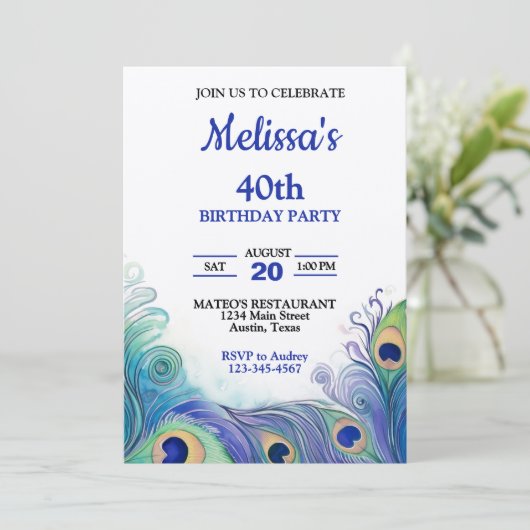 Pastel Green en Blues Peacock Feathers Verjaardag Kaart (Staand voorkant)