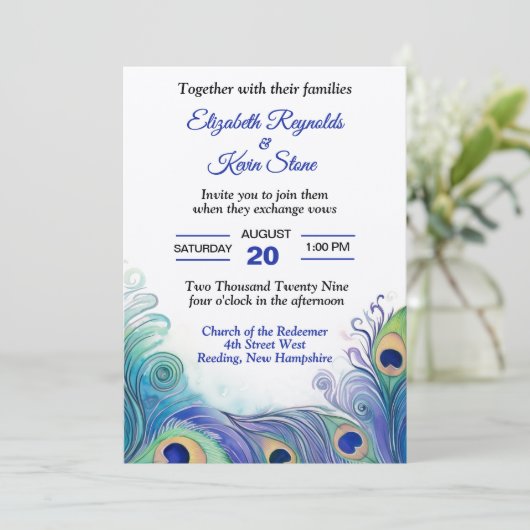 Pastel Green en Blues Peacock Feathers Wedding Kaart (Staand voorkant)