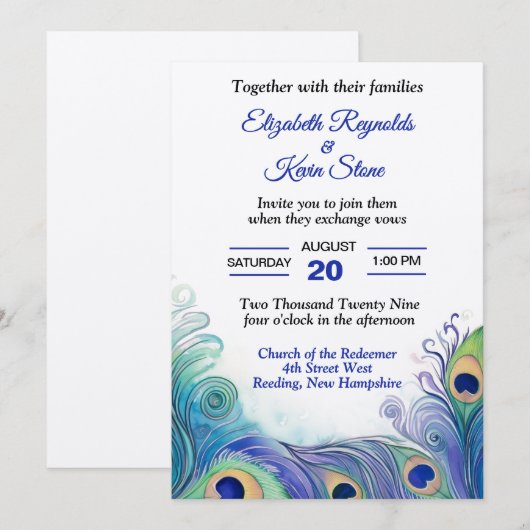 Pastel Green en Blues Peacock Feathers Wedding Kaart (Voorkant / Achterkant)