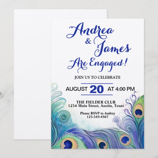 Pastel Green en Peacock Feathers Engagement Party Kaart (Voorkant / Achterkant)