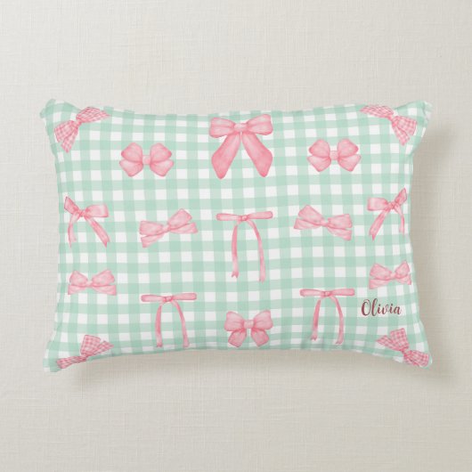 Pastel Green Gingham Pink Bow Accent Kussen (Voorkant)