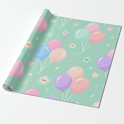 Pastel Green Kids Birthday Wrapping Paper Cadeaupapier (Uitgerold)