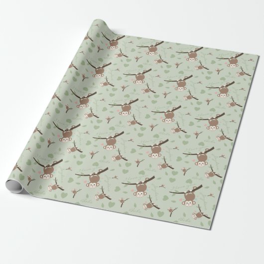 Pastel Green Monkey Valentine Wrapping Paper  Cadeaupapier (Uitgerold)