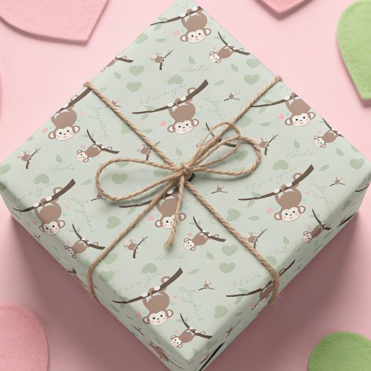 Pastel Green Monkey Valentine Wrapping Paper Cadeaupapier