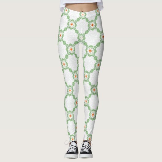 Pastel Green & Orange Floral Leaf Pattern Leggings (Voorkant)